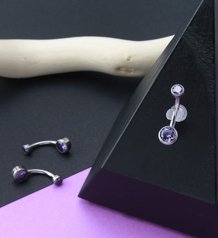 Purple Double Flat Bezel CZ Titanium Belly Button Ring