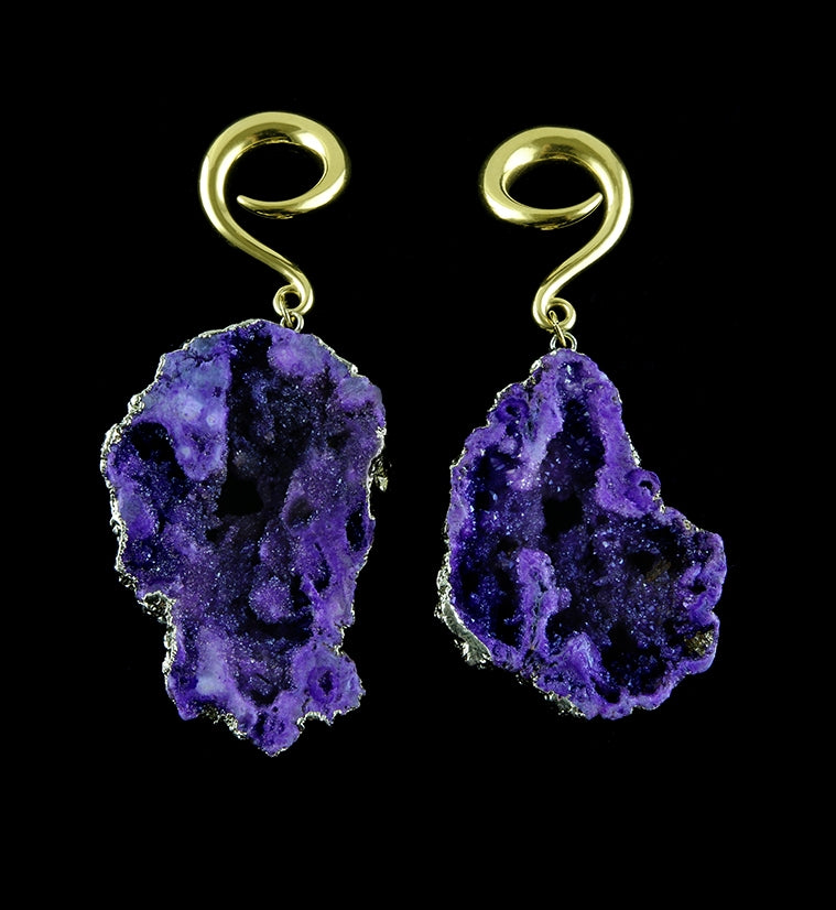 Purple Druzy Agate Slice Brass Hangers