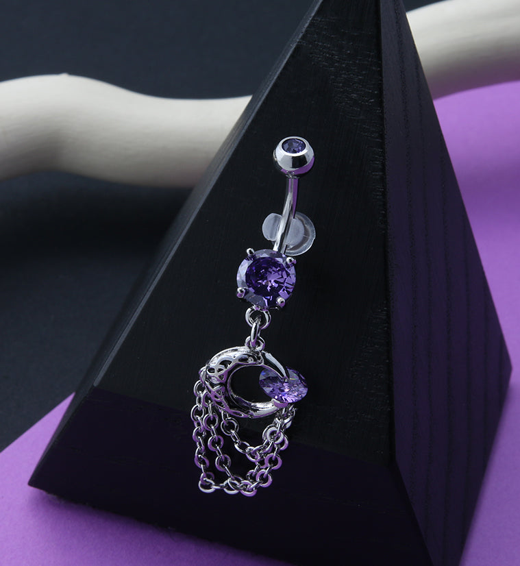 Purple Half Moon Dangle Chain Belly Button Ring
