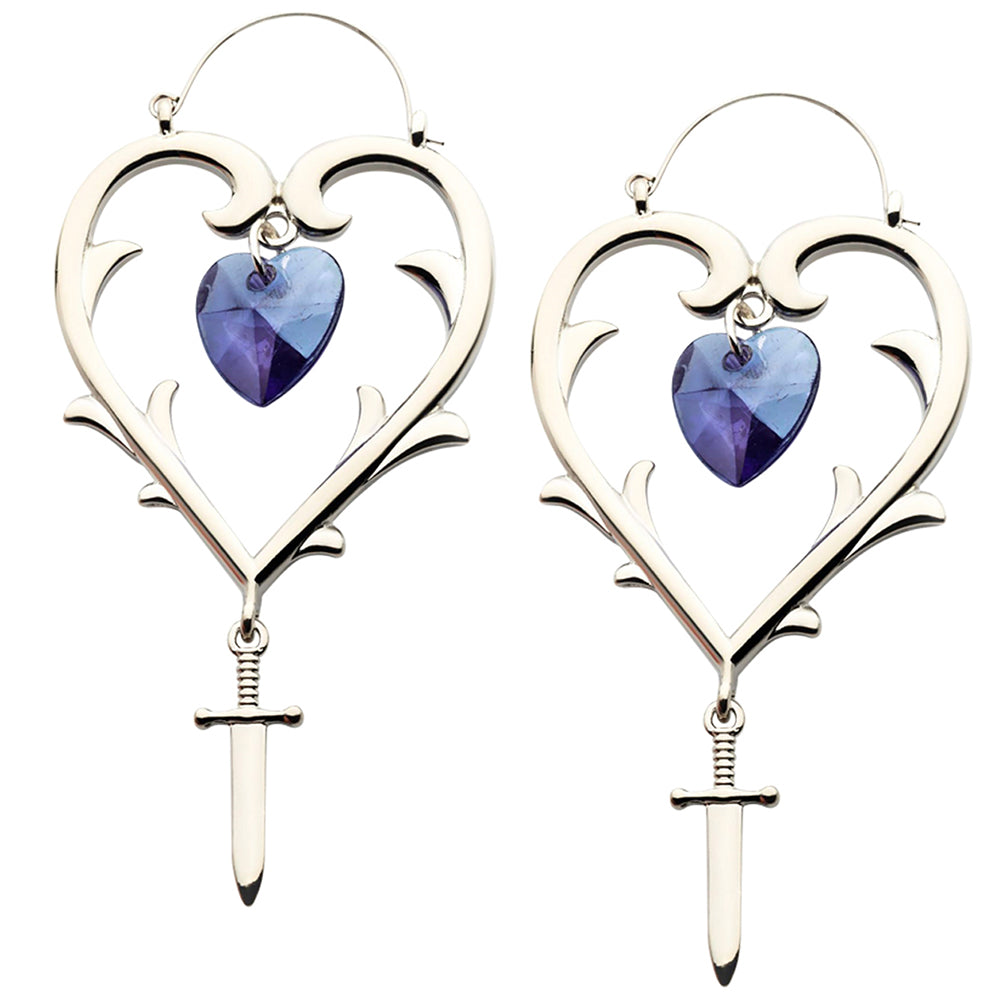 Purple CZ Heart Dagger Stainless Steel Plug Hoops