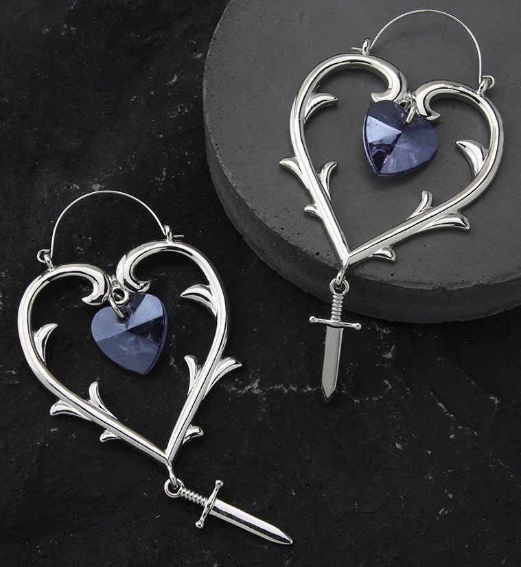Purple CZ Heart Dagger Stainless Steel Plug Hoops