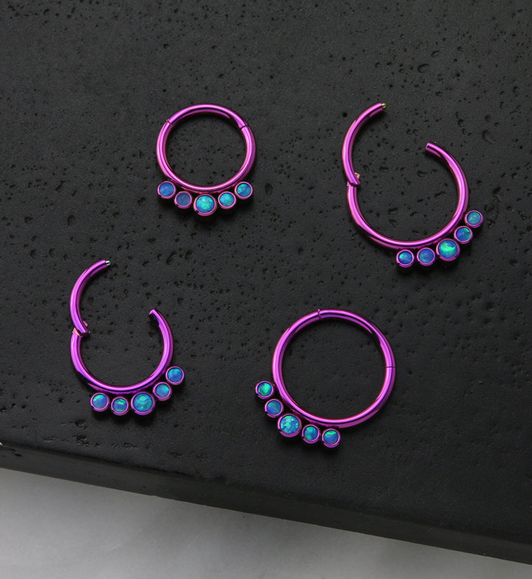 Purple PVD Cinque Blue Opalite Titanium Hinged Segment Ring