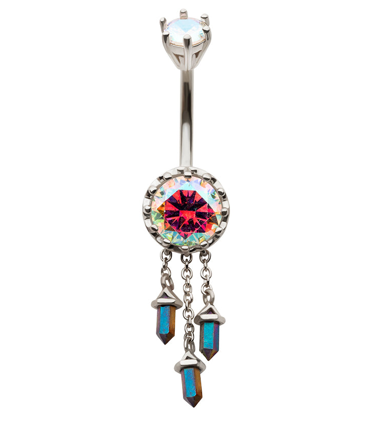 Rainbow Aurora Crystal Dangle Stainless Steel Belly Button Ring