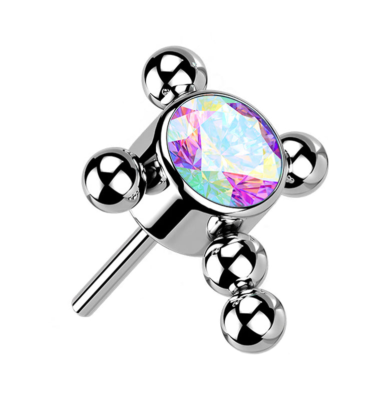 Rainbow Aurora CZ Beaded Cross Titanium Threadless Top