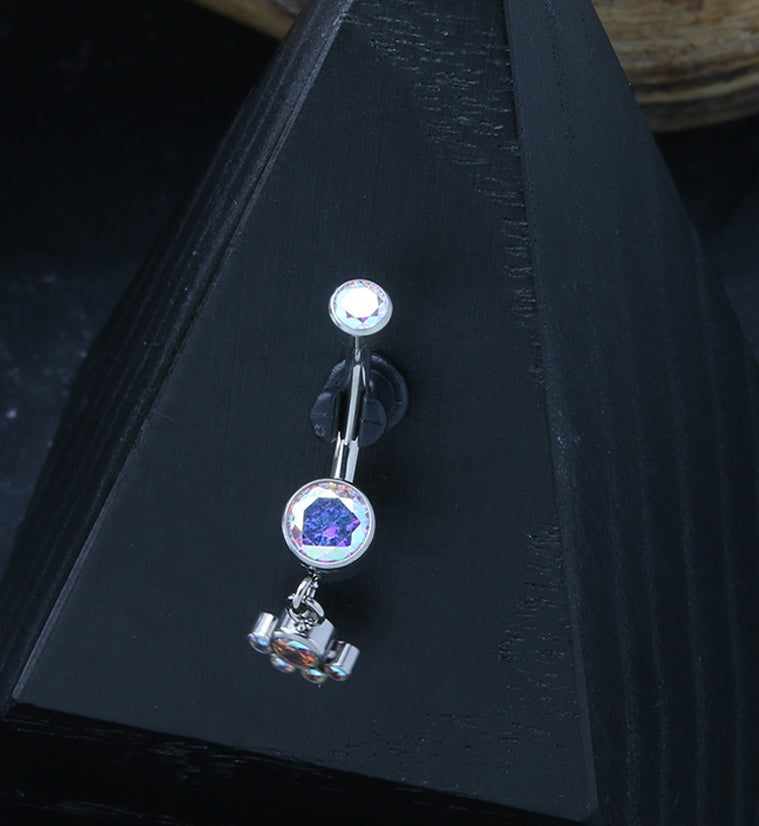 Rainbow Aurora CZ Dangle Charm Internally Threaded Titanium Belly Button Ring
