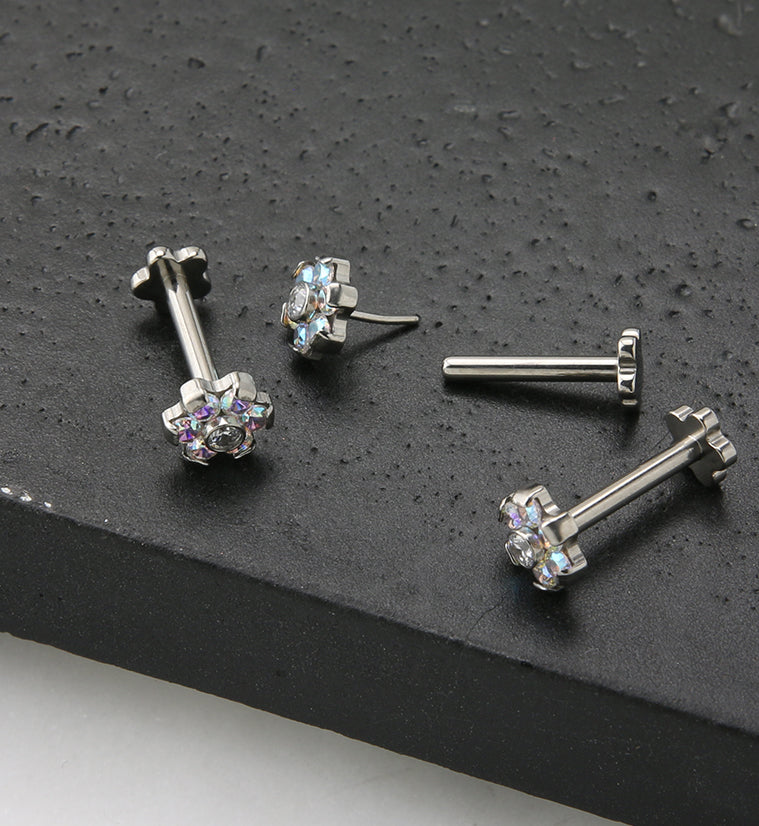 Rainbow Aurora CZ Flower Titanium Threadless Labret