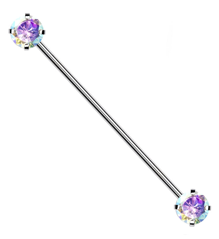 Rainbow Aurora CZ Stainless Steel Threadless Industrial Barbell