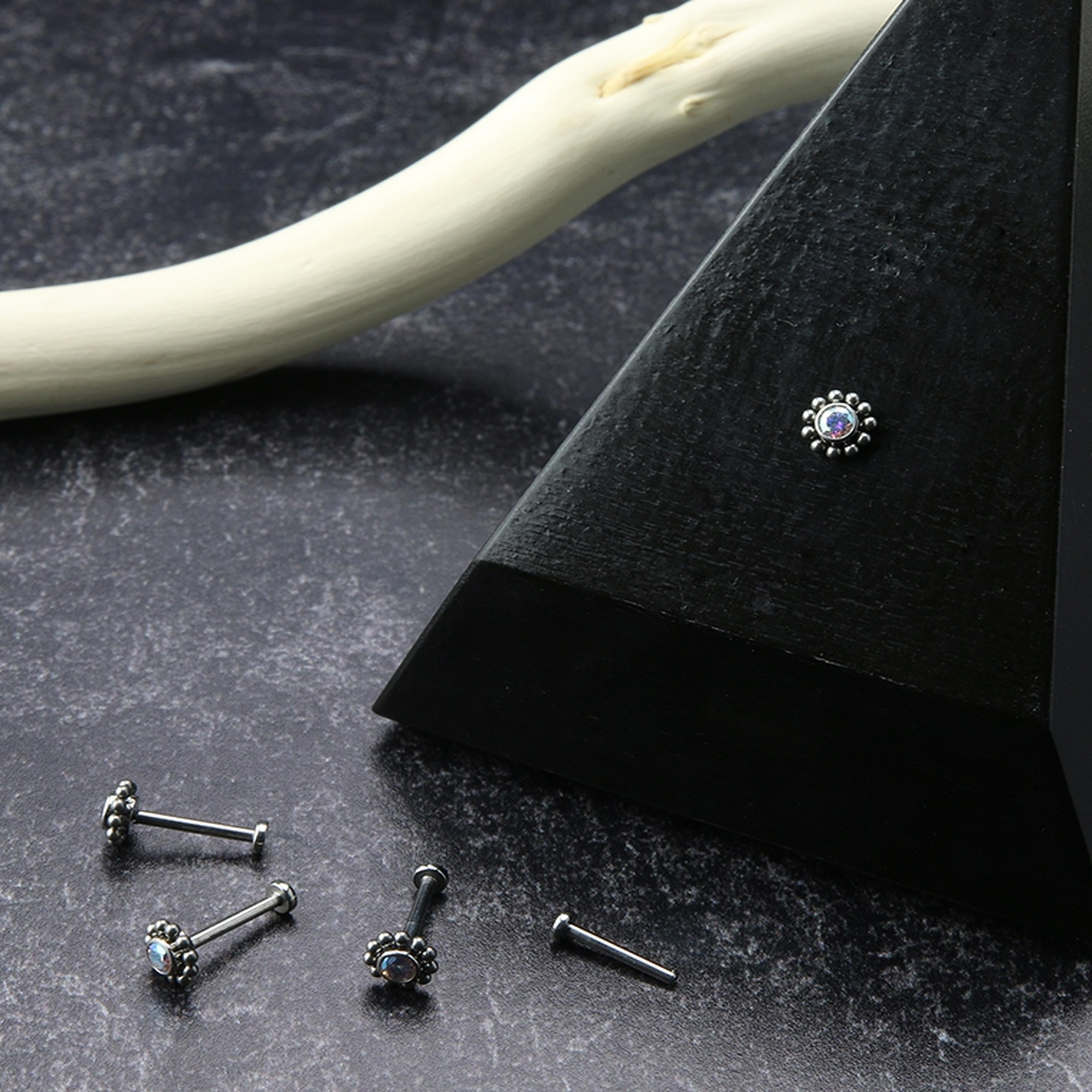 Beaded Verge Rainbow Aurora CZ Titanium Threadless Labret