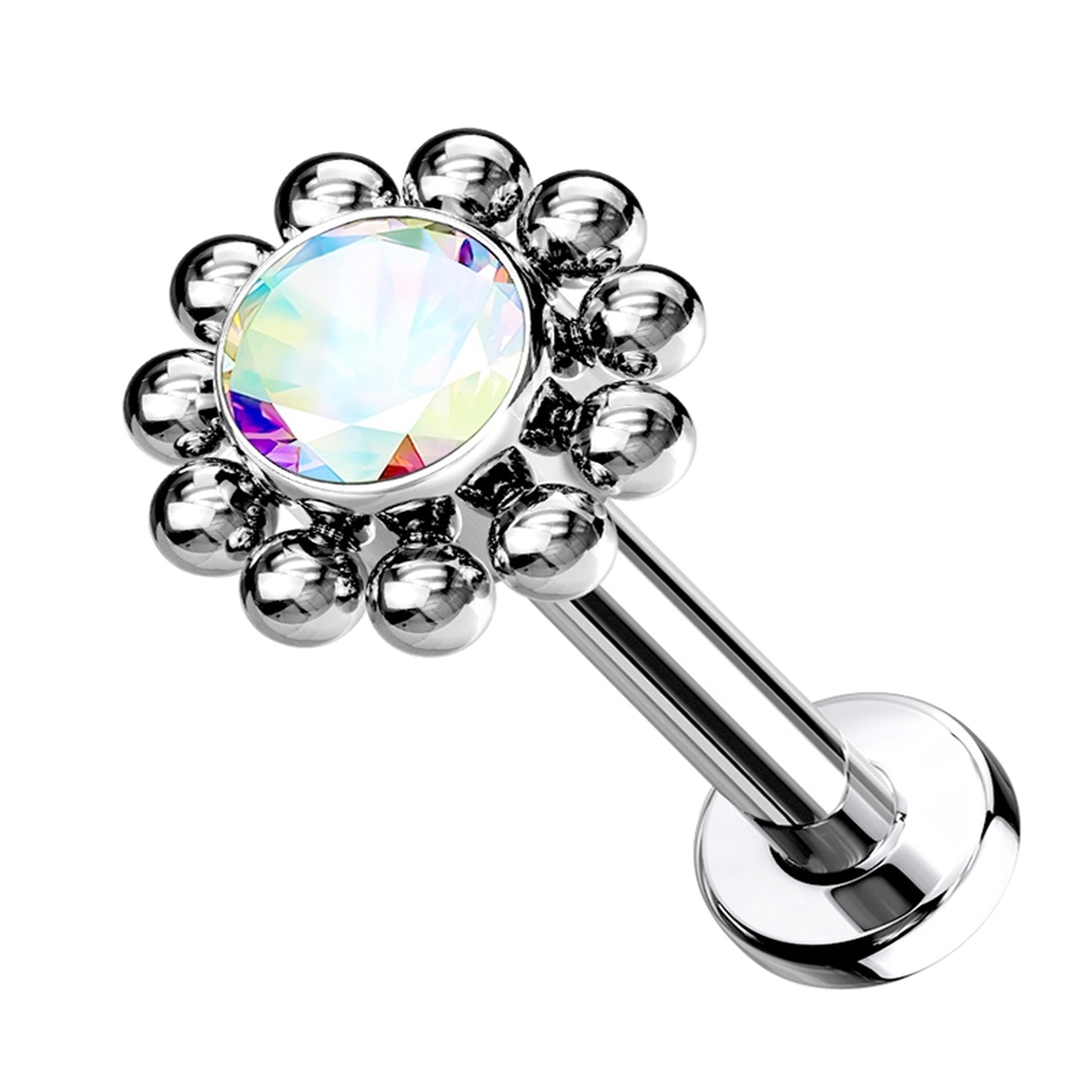 Beaded Verge Rainbow Aurora CZ Titanium Threadless Labret