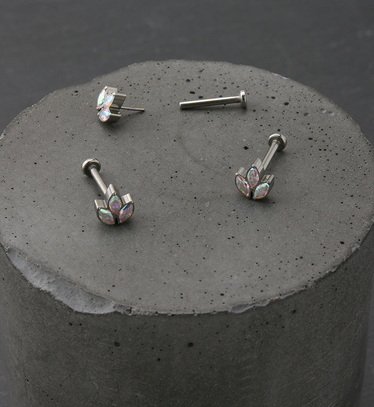 Rainbow Aurora CZ Tri Sepal Titanium Threadless Labret