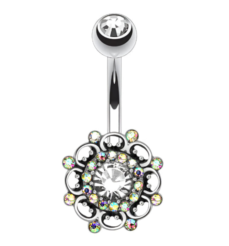 Antique Rainbow Aurora Cz Floral Belly Button Ring