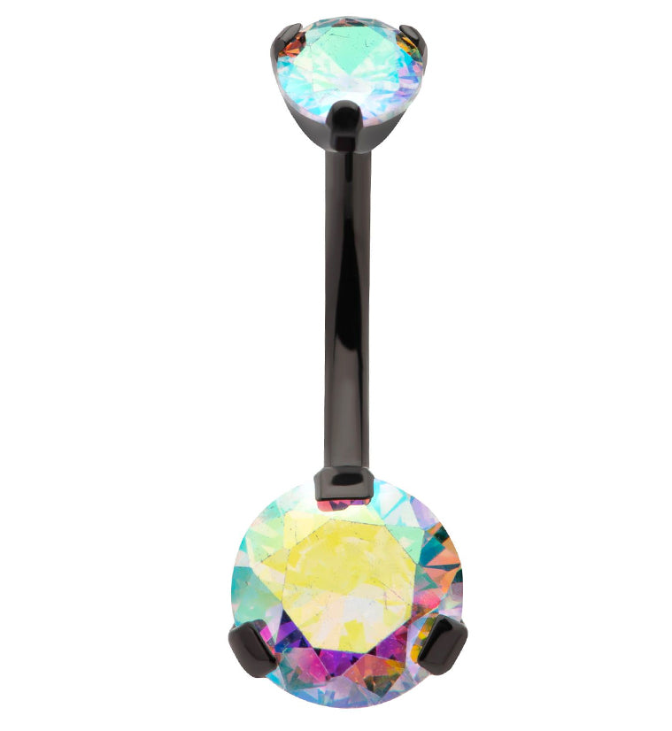 Prong Rainbow Aurora CZ Internally Threaded Black PVD Titanium Belly Button Ring