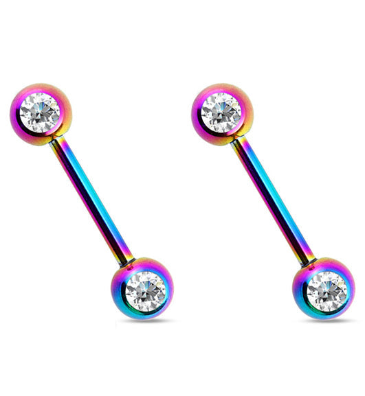 Double CZ Gem Rainbow Nipple Ring Barbell