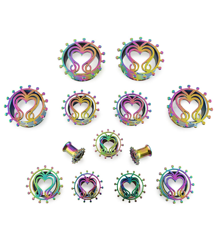 Rainbow Filigree Heart Steel Tunnel Plugs