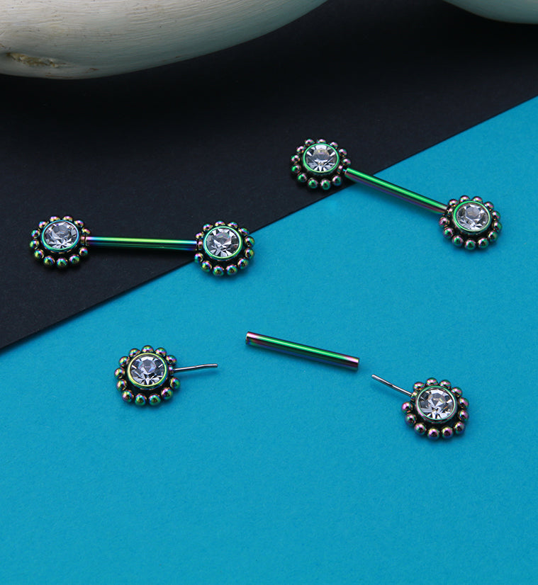 14G Rainbow PVD Gem Verge Threadless Nipple Ring Barbells