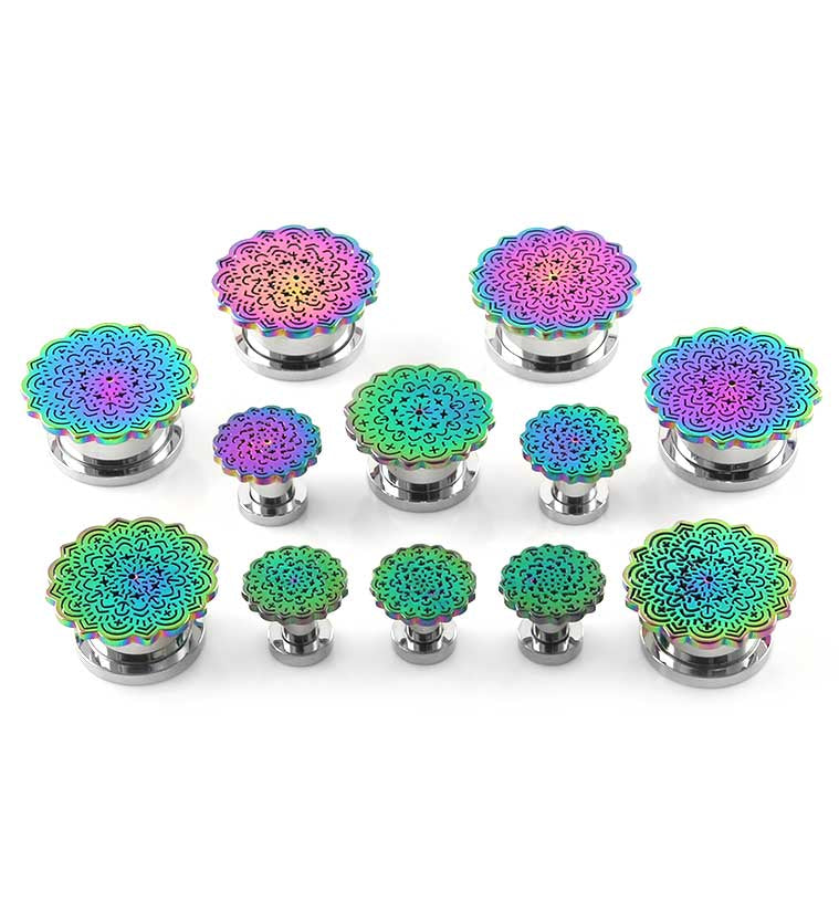 Rainbow Mandala Flower Top Stainless Steel Plugs