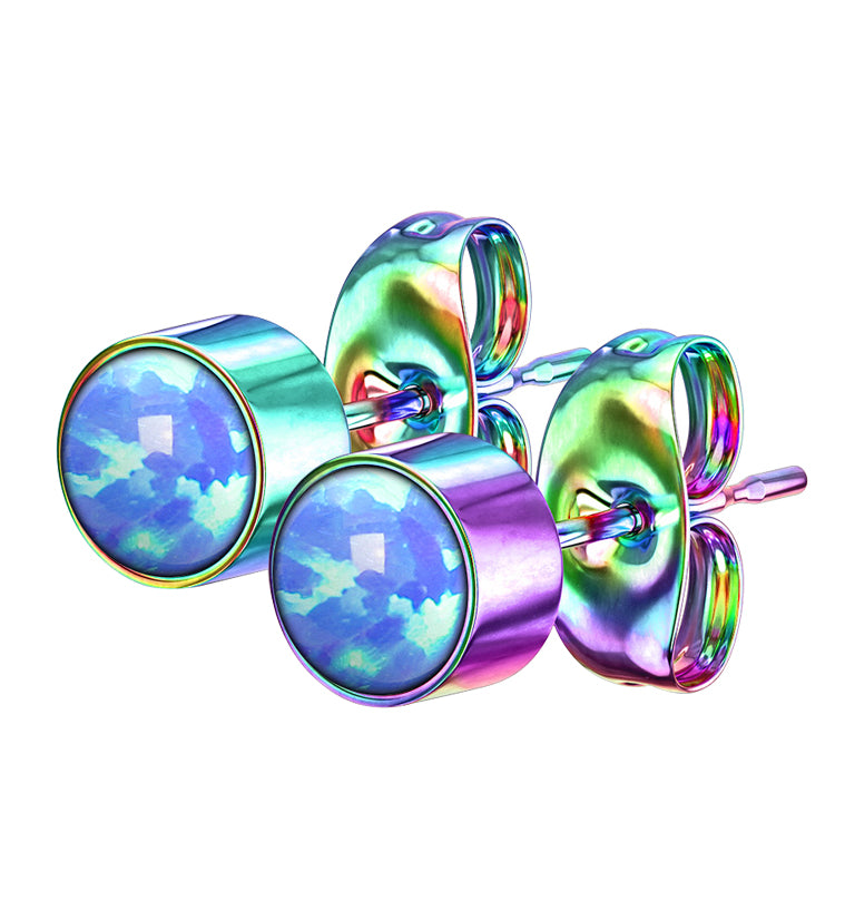 Rainbow PVD Bezel Blue Opalite Stainless Steel Earrings