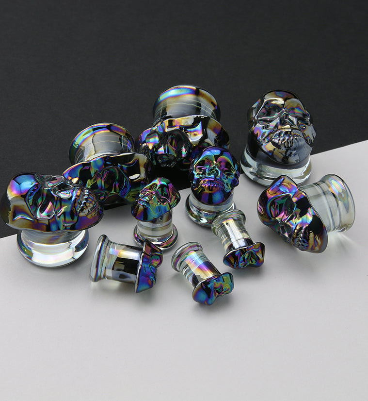 Rainbow Skull Double Flare Glass Plugs - Gauges