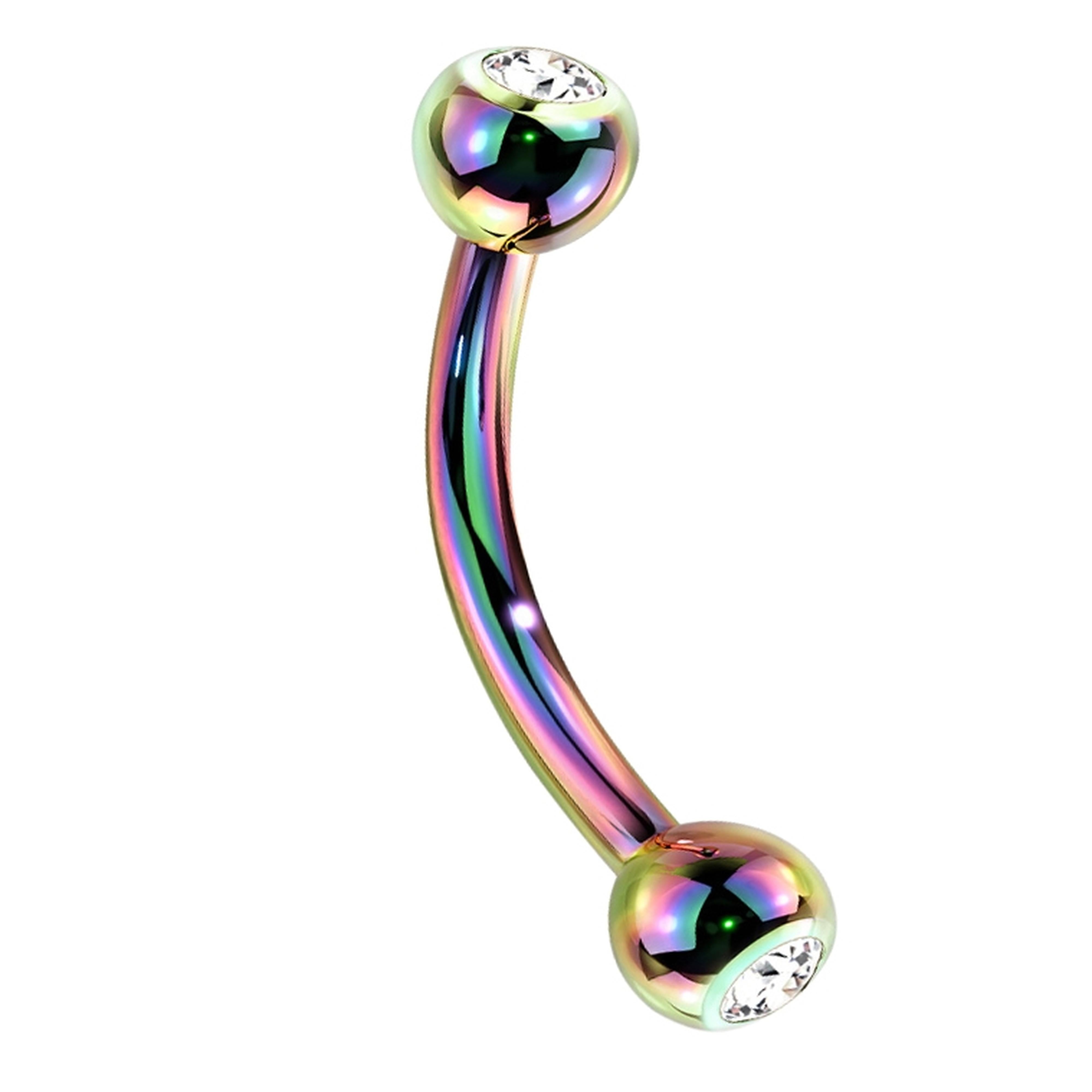 16G Rainbow PVD Titanium Double CZ Curved Barbell (External Threading)