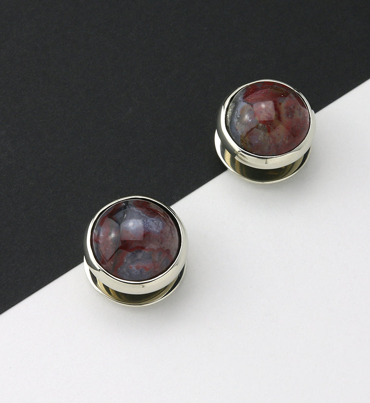 Red Moss Agate Stone Disk White Brass Ear Weights