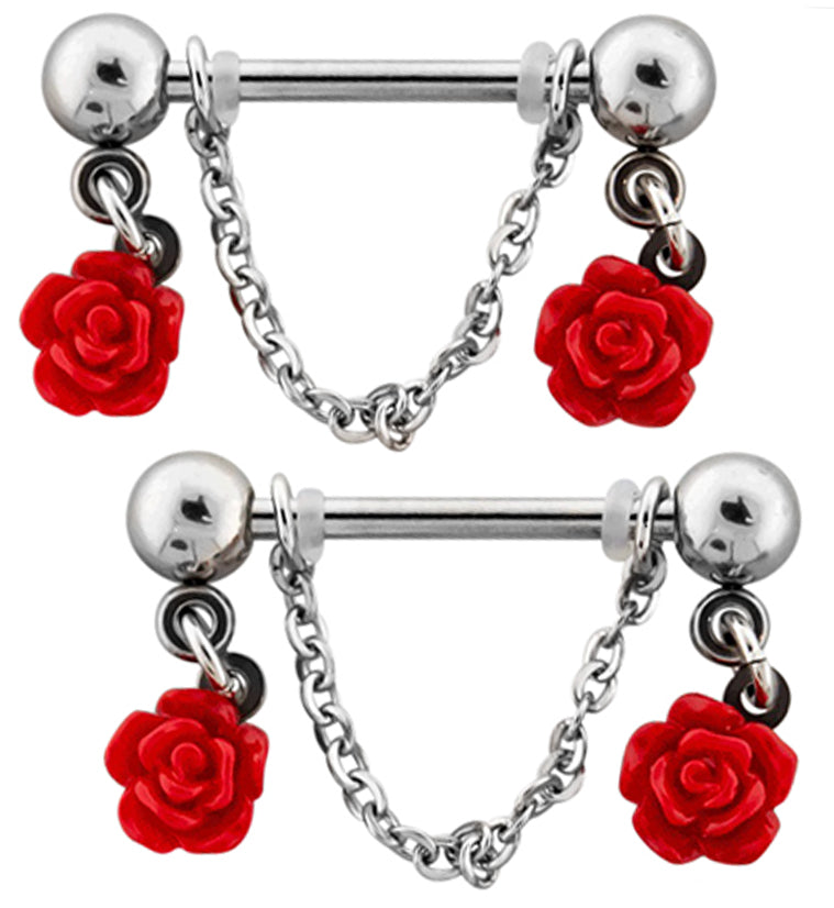 Red Rose Dangle Chain Stainless Steel Nipple Barbell