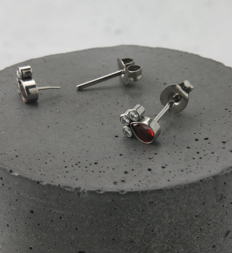 Red Teardrop Cluster CZ Titanium Threadless Earrings