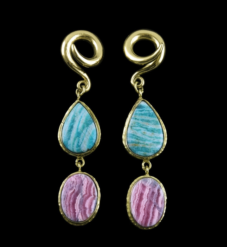 Rhodochrosite X Amazonite Stone Brass Ear Weights