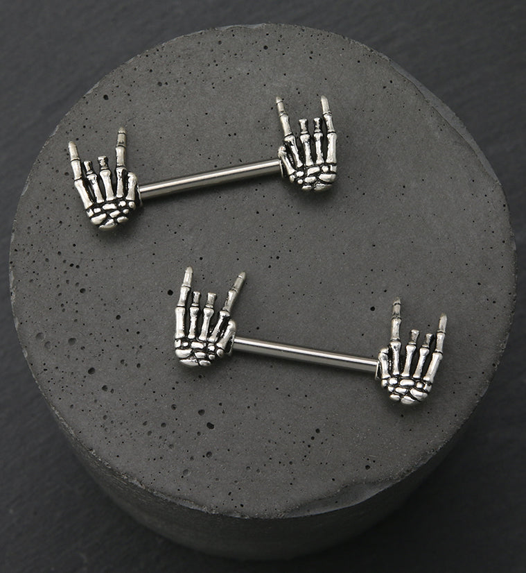 Rock On Skeleton Hand Stainless Steel Nipple Barbell