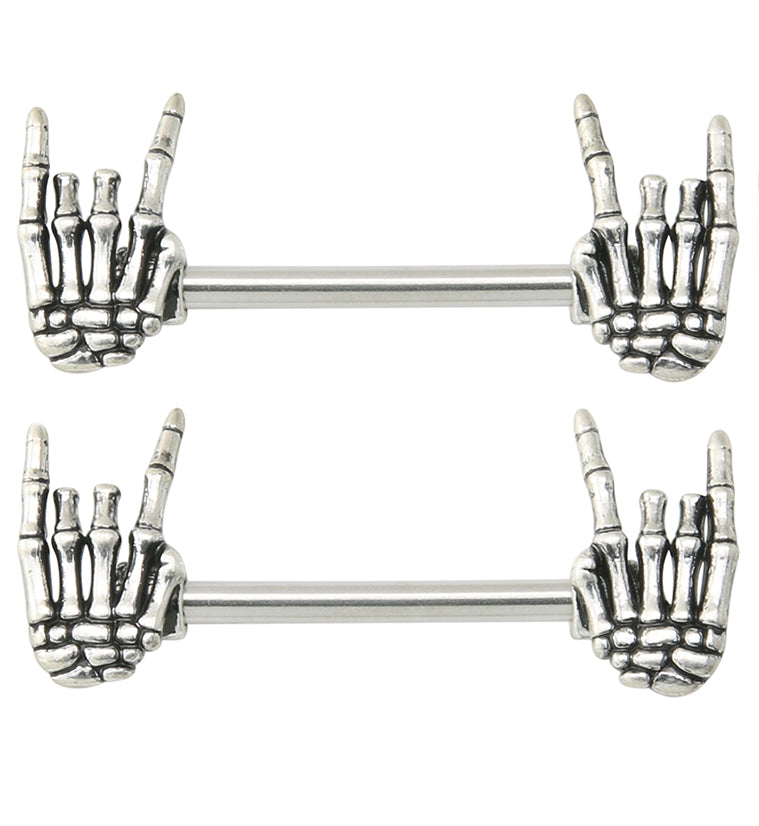 Rock On Skeleton Hand Stainless Steel Nipple Barbell