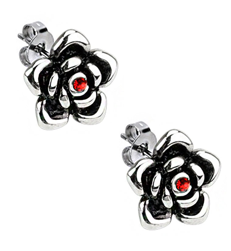 Rose Blossom Red CZ Stainless Steel Stud Earrings