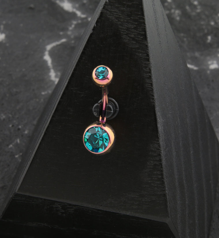 Rose Gold Anodized Faceted Aqua CZ Internally Threaded Titanium Belly Button Ring