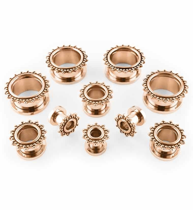 Rose Gold Triple Beaded Rim Stainless Steel Tunnels