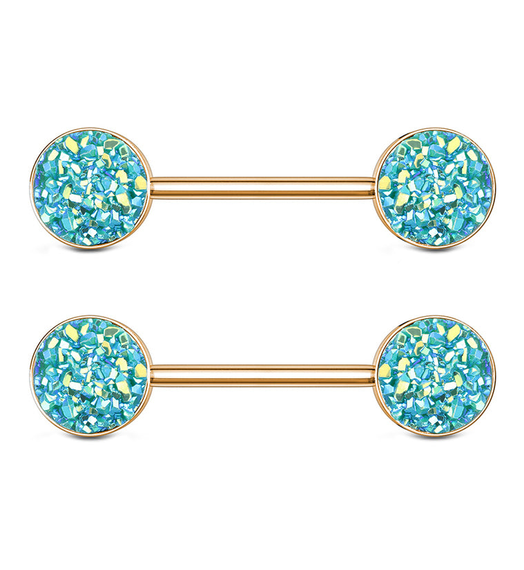 14G Rose Gold PVD Green Druzy Nipple Ring Barbell