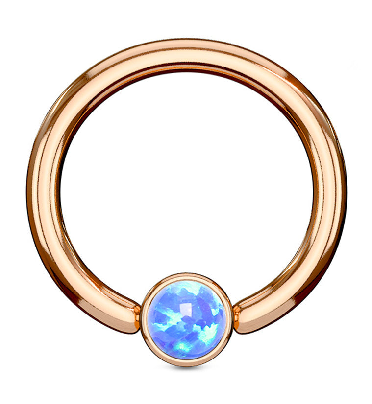 Rose Gold PVD Blue Opalite Flat Disk Captive Ring