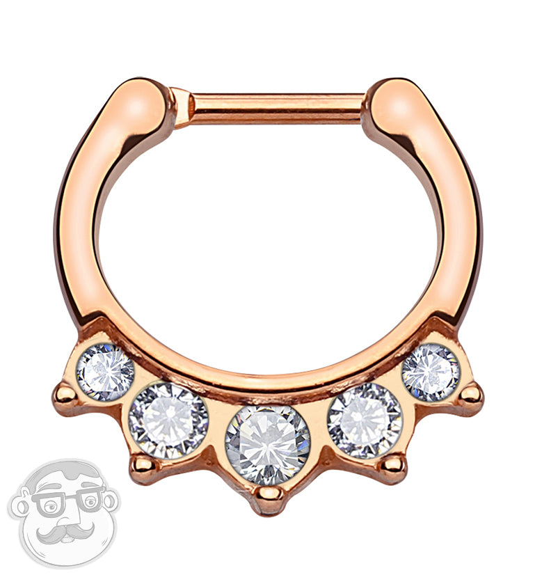 16G PVD Rose Gold Five CZ Gem Stainless Steel Septum Clicker