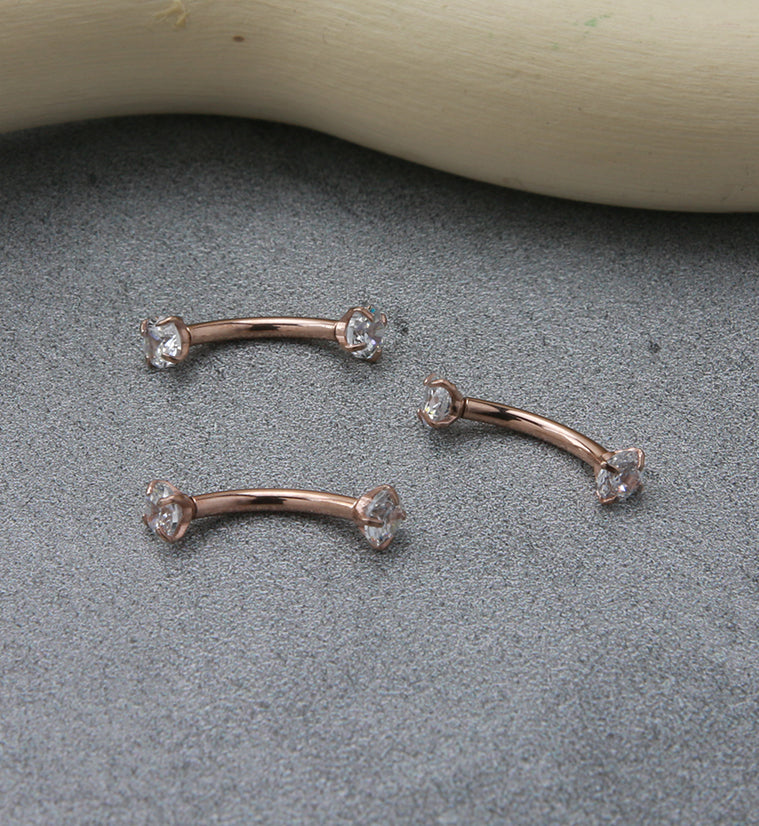 Rose Gold PVD Titanium Double Prong CZ Curved Barbell