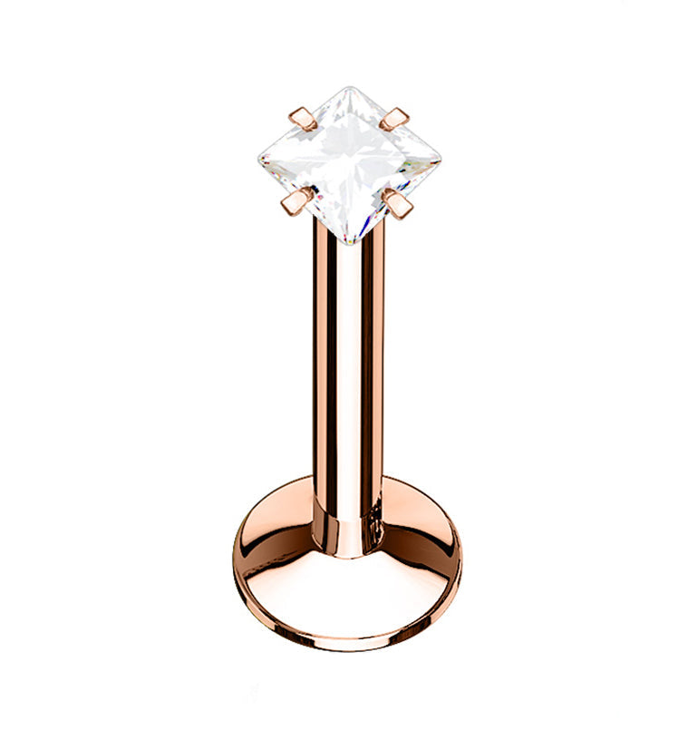 Rose Gold PVD Sqaure CZ Prong Internally Threaded Labret