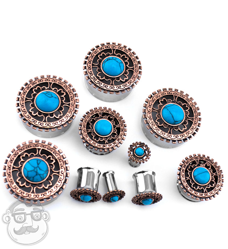 Rose Gold Lineal Top With Turquoise Inlay Steel Plugs