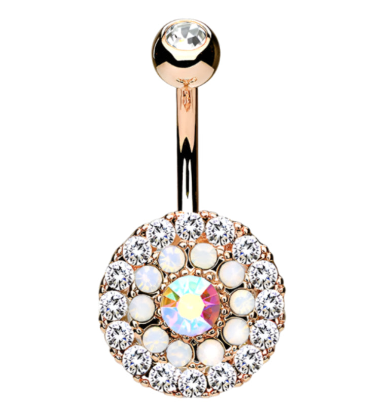 Rose Gold PVD Rainbow Aurora CZ & Opal Disk Belly Button Ring