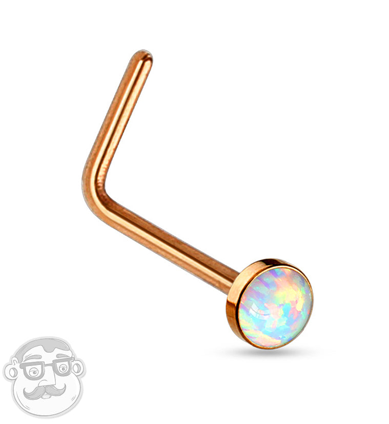 20G PVD Rose Gold White Opal L Shape Nose Stud