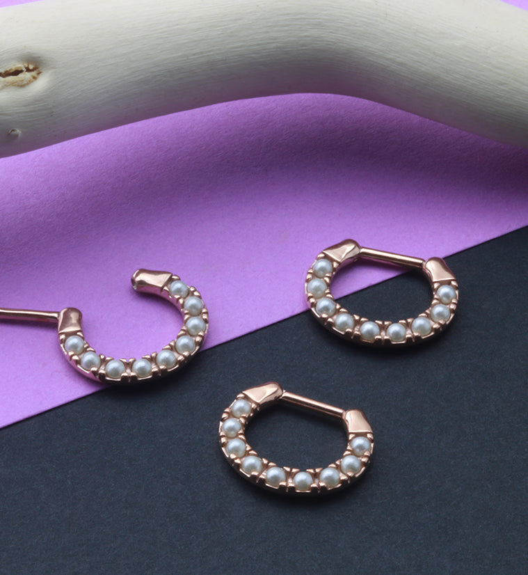 Rose Gold PVD Pearl Hinged Segment Hoop Ring