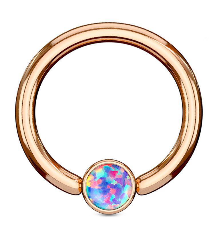 Rose Gold PVD Purple Opalite Flat Disk Captive Ring