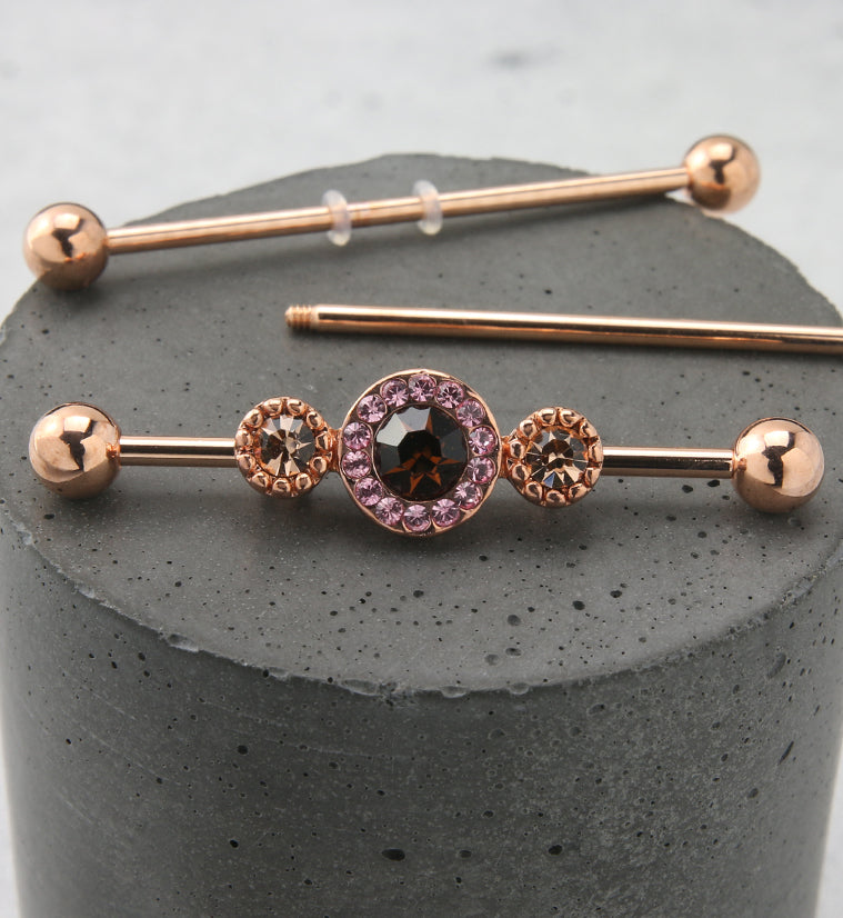 Rose Gold PVD Amber Swarovski CZ Industrial Barbell