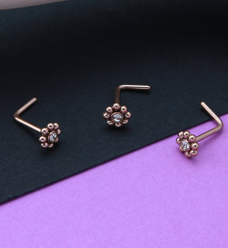 Rose Gold PVD Beaded Flower Clear CZ L Bend Nose Stud