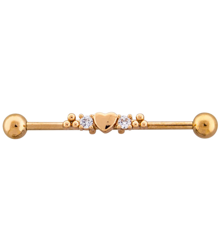 Rose Gold PVD Beaded Heart CZ Industrial Barbell