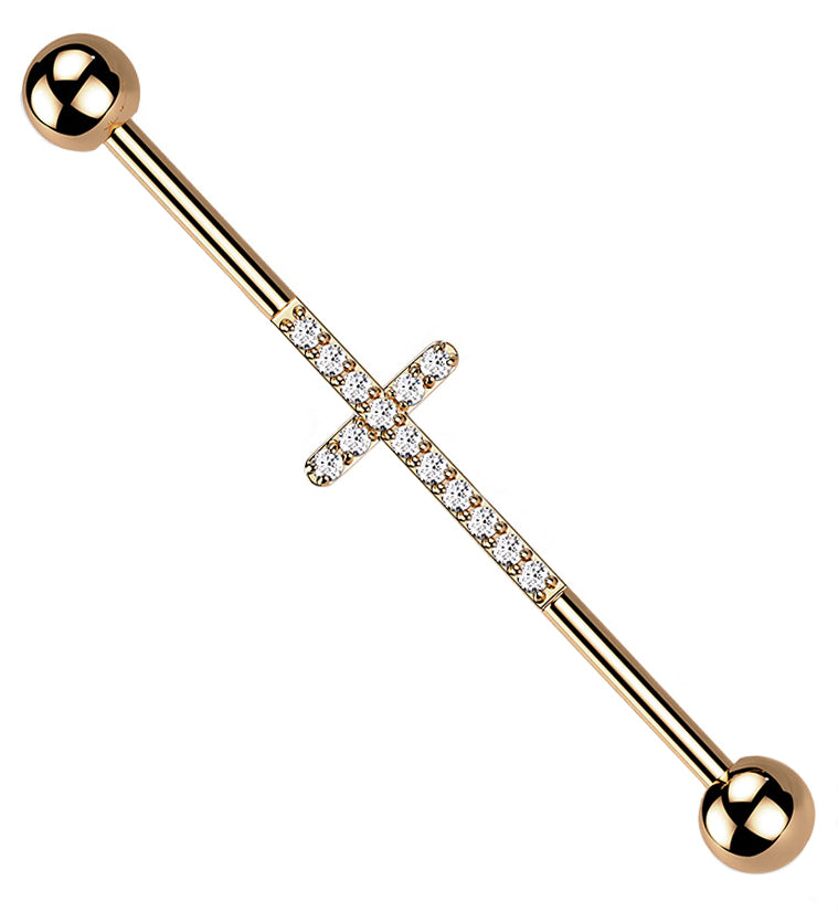 Rose Gold PVD Center CZ Cross Titanium Industrial Barbell