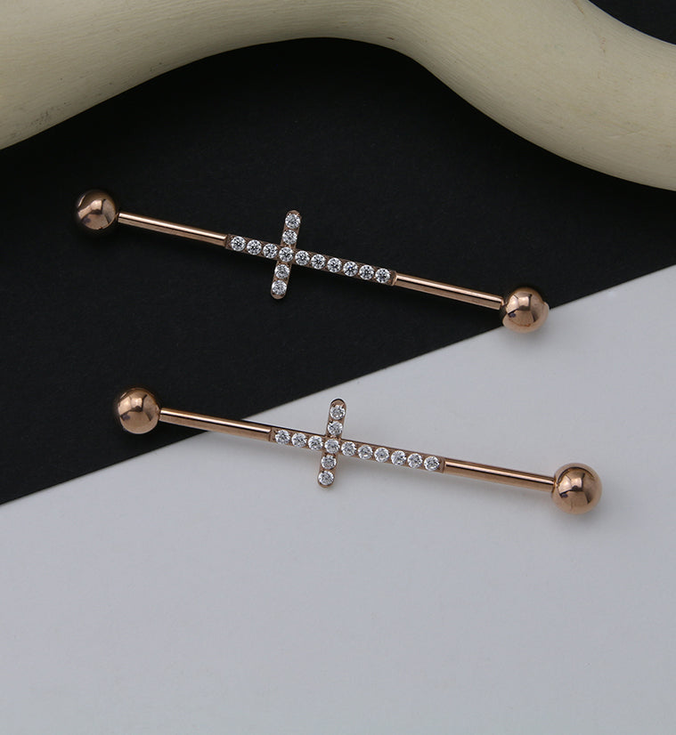 Rose Gold PVD Center CZ Cross Titanium Industrial Barbell