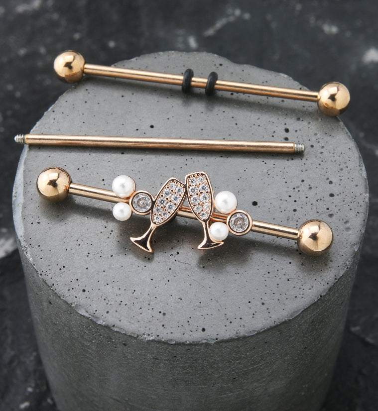Rose Gold PVD Champagne Toast CZ Industrial Barbell