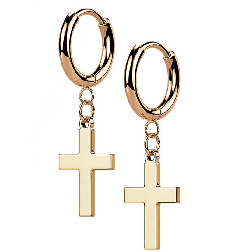 Rose Gold PVD Cross Stainless Steel Hinged Earrings