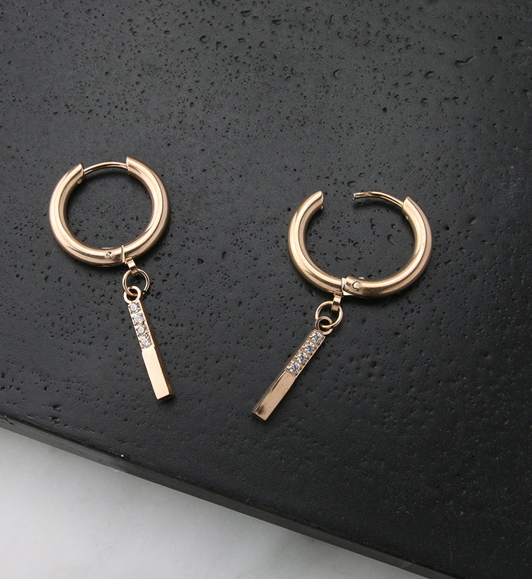 Rose Gold PVD Dangle Bar CZ Stainless Steel Hinged Earrings